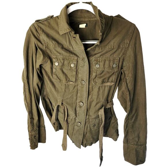J Crew Olive Green Silk Blend Military Style Belted Bomber Jacket Size Small - Picture 1 of 3